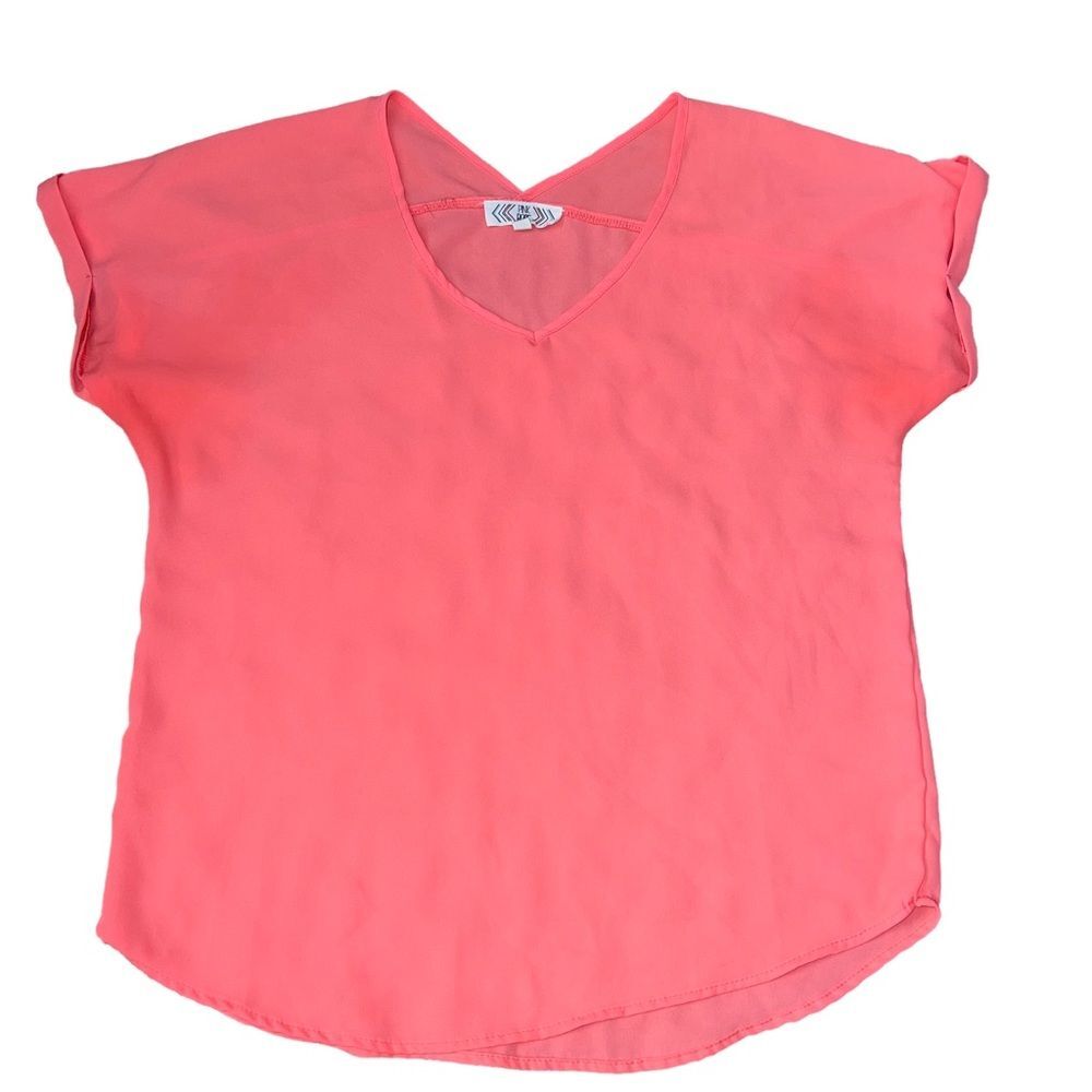 Coral Lightweight Short Sleeve V Neck Shirt Blouse Pullover Large